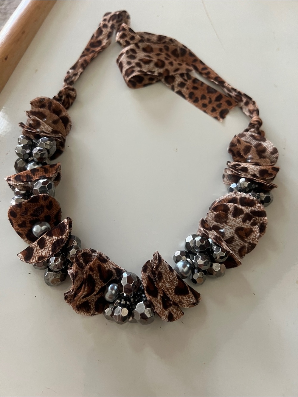 Leopard Print Ribbon Necklace with Gunmetal Beads - Women Jewelry